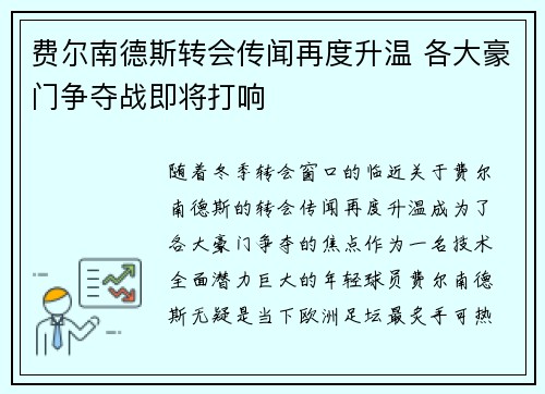 费尔南德斯转会传闻再度升温 各大豪门争夺战即将打响
