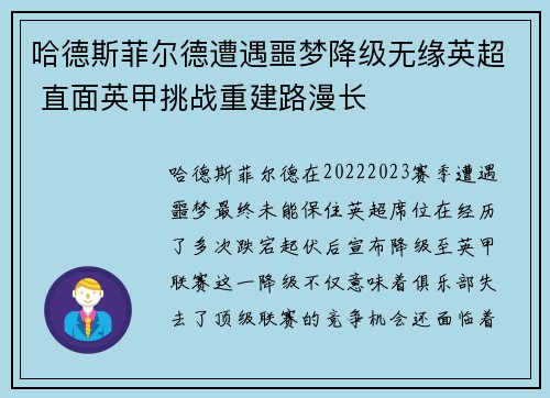 哈德斯菲尔德遭遇噩梦降级无缘英超 直面英甲挑战重建路漫长