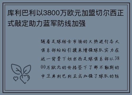 库利巴利以3800万欧元加盟切尔西正式敲定助力蓝军防线加强